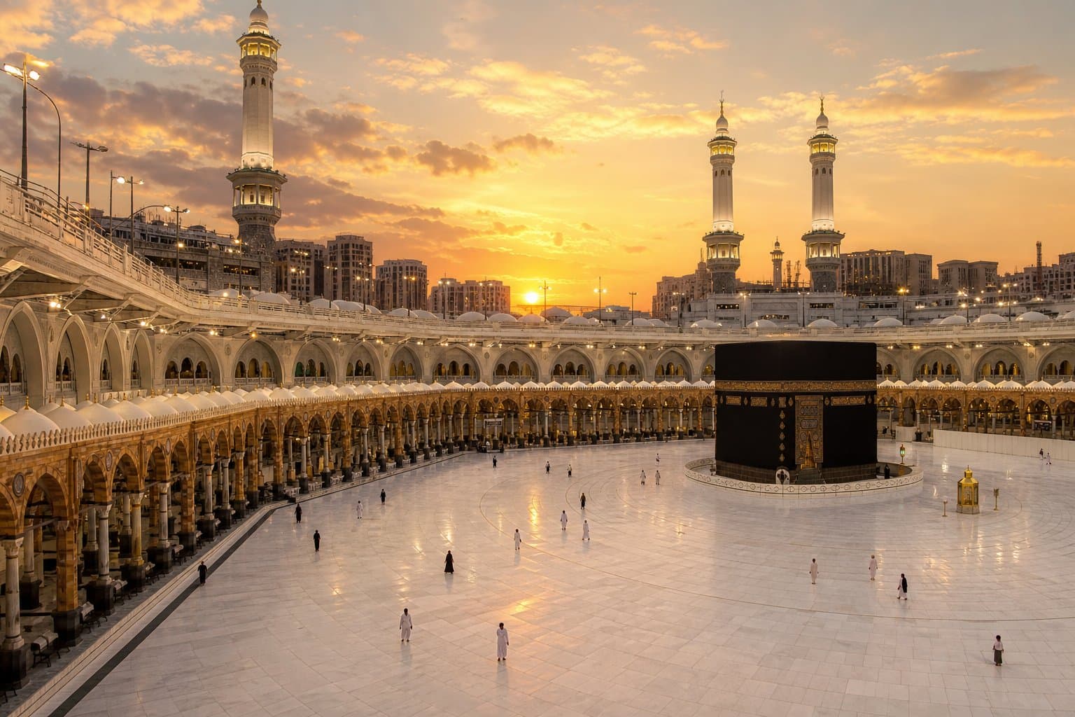 The Grand Mosque in Makkah glowing at sunset